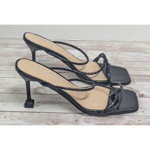 Viviany Womens Size 8 Black Leather Open Toe Slip On Slide Spool 3.5" Heels